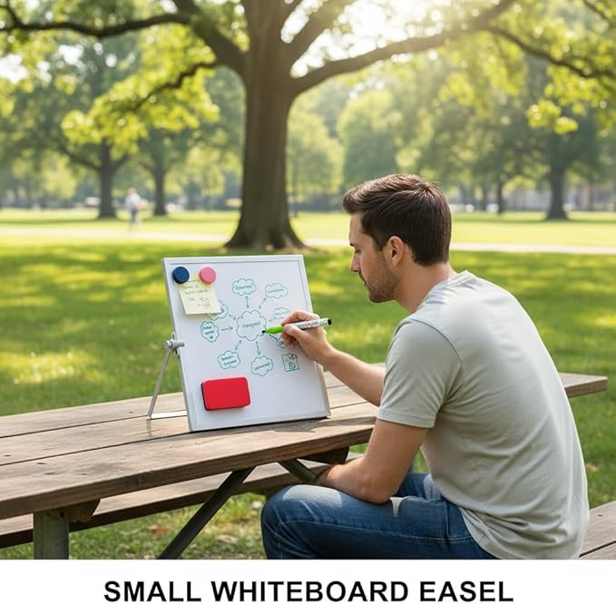 MXG Double Sided Magnetic Dry Erase Board, 10x10 Inch Portable Small White Board with Stand, 360 Rotatable & Adjustable, Includes Markers, Eraser & Magnets, for Office, Home, Desk