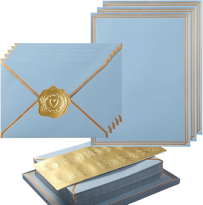 50 Pack Stationery Set with Envelopes, Dusty-Blue, 6x8 Inches | Gold Border, A6 Envelopes 4.75x6.5 inch and 6x8 Paper Sheets, Stickers for Letter Writing, Invitations