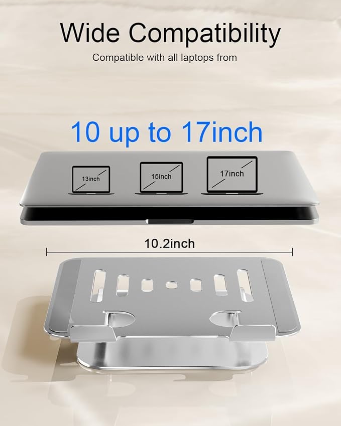 Laptop Stand for Desk, Adjustable Metal Foldable Laptop Riser Holder, Aluminum Desktop Book Stands, Ventilated Cooling Computer Notebook Stand with 10-17" (Silver)