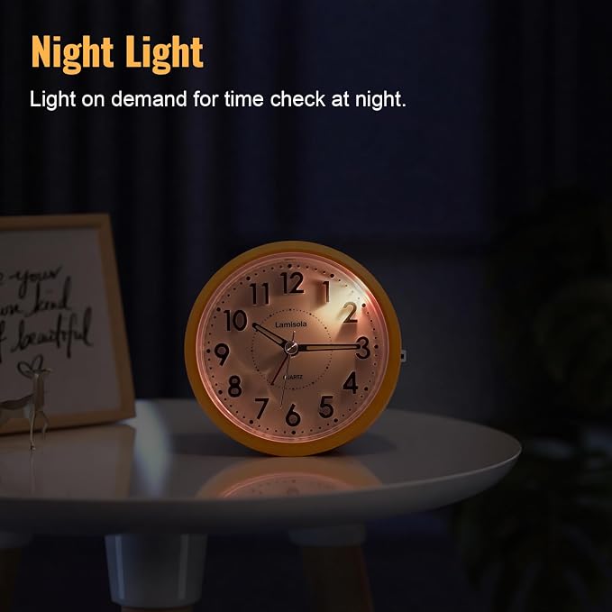 Lamisola 4 Inch Alarm Clock for Bedrooms, Small Analog Desk Clock, Orange | Battery Operated Bedside Clock for Bedroom Bathroom Home Nightstand Shelf, Night Light Snooze, Minimalist Clocks for Seniors