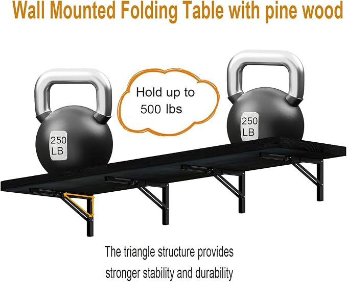 IAE Floating Wall Mounted Folding Table Desk with Pine Wood,72" x 22" Foldable Workbench,Fold Down Wall Mounted Foldable Desk with Shelf Brackets,Laundry Folding Table for Home,Dining,Kitchen,Black