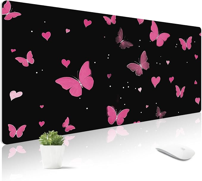 Mouse Pad Leather Desk Mat Large Keyboard Cute Office Desktop Computer Laptop XXL Long Big Aesthetic Modern Design Women Girls Gaming Gamer Oversized Wide Mousepad 31.5"x15.7", Pink Butterfly