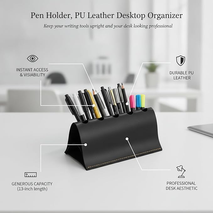 Sleek Elongated PU Leather Pen Caddy, Minimalist Desktop Organizer for Office Desk Supplies