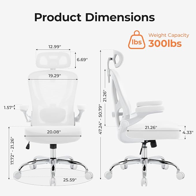 Office Chair Ergonomic Office Chair with Lumbar Support, Head Support, Rocking Function, FLIP-up Armrests, Mesh High Back Chair Home Office Desk Chair, Suitable for Home, Office, White