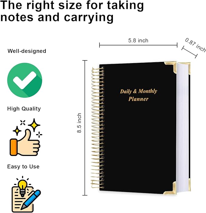Undated Daily Monthly Planner for 2026 or Anytime - A5 To Do List with Hourly Schedule, Hardcover Spiral Bound Daily Planner to Increase Focus, Stylish School/Office Supplies, 5.8" x 8.5", Black