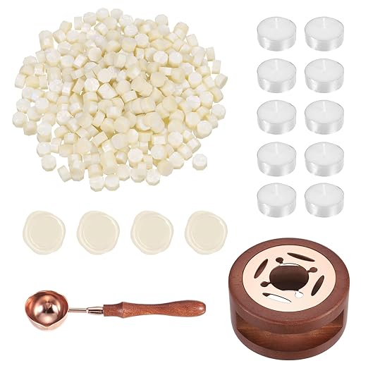 PATIKIL Wax Seal Kit, 300 Pcs Wax Sealing Beads, Wooden Warmer, Melted Spoon, 10 Pcs Tealight Candles for Envelope Letter Mailing Crafts DIY, Fantasy Gold