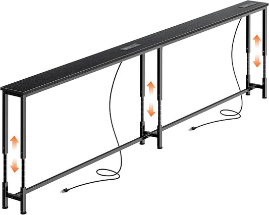 Huuger 86.6 Inch Sofa Table with Power Outlets, 23.9’’-34.4’’ Height Adjustable Range, Behind Couch Table with USB-C Ports, Sofa Tables Narrow Long, Skinny Console Table, Small Spaces, Black