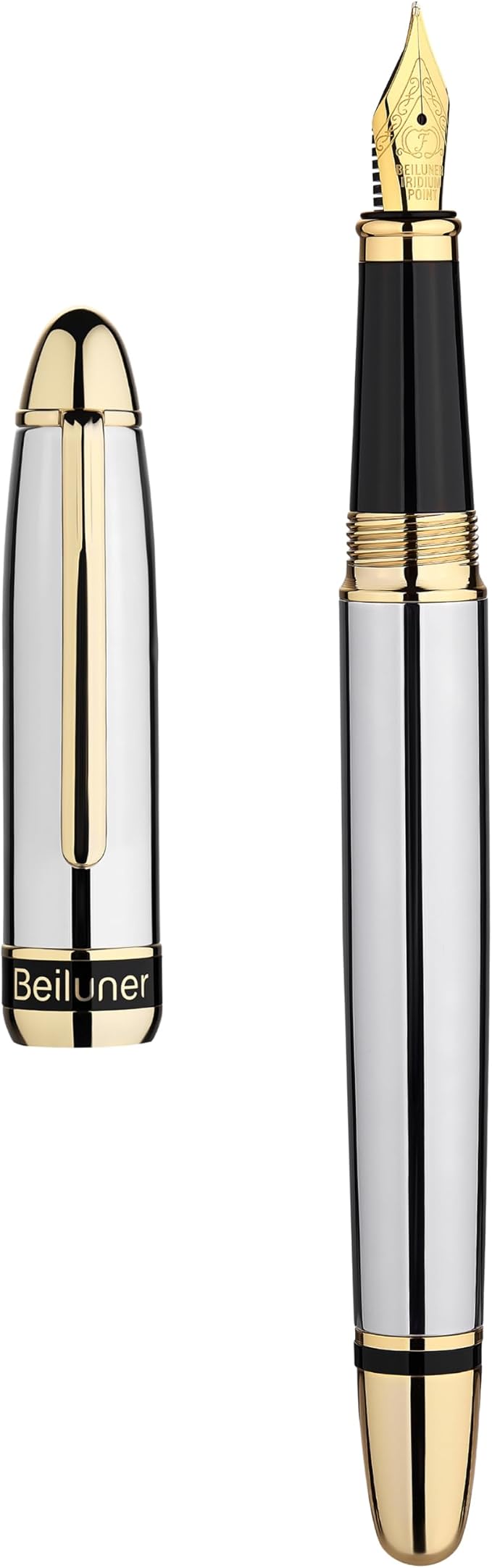 BEILUNER 315 Silver Chrome Fountain Pen,Stunning Luxury Pens with 24K Gold Accents, Gorgeous 24K Gilded Nib(Fine), Ink Converter,Fancy Pen Gift for Men&Women-Elegant, Office, Writing, Nice Design