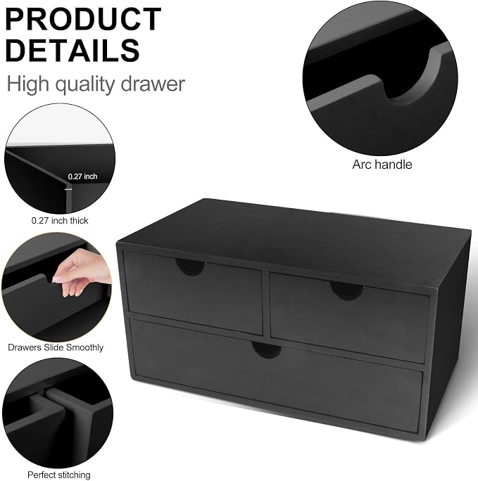 Charmewooden desk organizer with drawers countertop drawer organizer Tabletop Storage Organization Box Home Office Workspace Bathroom Toiletries Supplies (black)