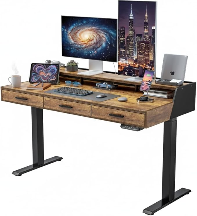 CubiCubi Standing Desk 55x26 Inches with 3 Wood Drawers and Monitor Shelf, Ergonomic Rising Home Office Desks, Height Adjustable Computer Desk, Sit Stand Up Electric Workstation Table, Brown