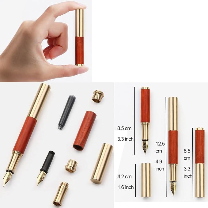 Handcrafted Brass Wooden Fountain Pen Short Paragraph (85mm) Pocket Mini Travel Pen with 20 Pcs Black Ink Cartridges, Brown Stripes