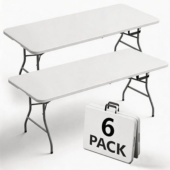 6FT Folding Table 6 Pack, Heavy Duty Plastic Table with Handel, 400lbs Portable Table, Reinforced Steel Legs, Fold-in-Half Table Ideal for Parties, Picnics, Weddings, Camping White