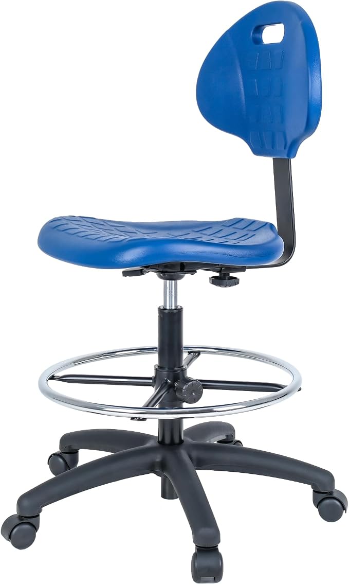 Drafting Stool Blue- Easy to Clean! Quick Ship. Ergonomic Polyurethane Chair. Seat Height Adjustable (23"-33") Heavy Duty Adjustable Footring for Home, Automotive, Lab, Cleanroom (Blue)