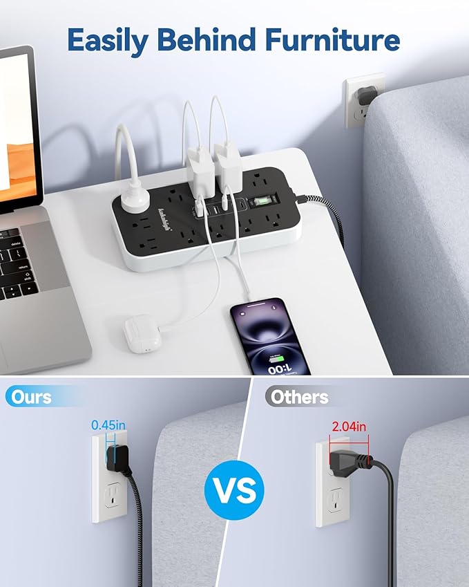 10FT Extension Cord with USB Ports- Power Strip with USB, 1625W Multi Outlet with 11 AC Outlet 6 USB (24W/4.8A), Charging Station for Multiple Devices, for Home, Office, Dorm, Gaming Room Essentials
