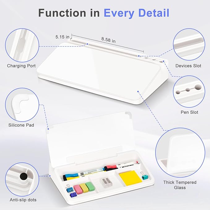 WALGLASS Small Desktop Whiteboard with Storage, Glass Desk Dry Erase White Board Computer Keyboard Stand with Drawer, Desk Organizers with Accessories for Office, Home, School Supplies White