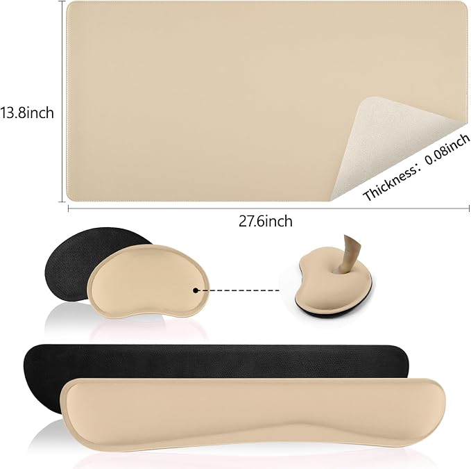 Beige Leather Desk Pad and Keyboard Wrist Rest, 27.6"x13.8" | 3in1 Mouse pad + Keyboard Wrist Rest + Mouse Wrist Rest, Non-Slip Waterproof Desk Writing Pad for Office and Home