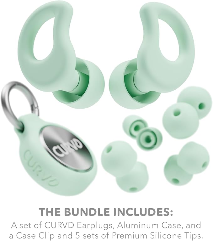 CURVD Everyday Earplugs + Case Clip Bundle, The Perfect earplug for Sleep, Travel, Noise Sensitivity/canceling + Case Clip Package Portable Waterproof Container & Silicone Sleeve for Ear Plugs(Mint)