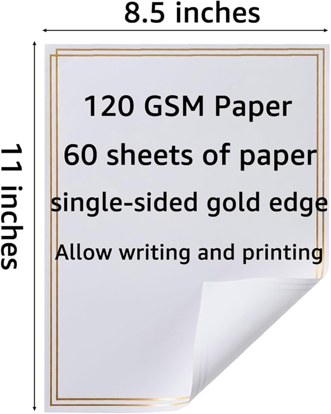 60 Pack Stationery Set Paper with Gold Border, 8.5x11 Inch Paper Sheets for Writing Letters, Letter Size Writing Paper (White, 8.5x11 inches)