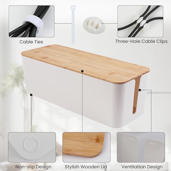 2 Pack Cable Management Box - Cord Organizer Box with Wooden Lid for TV Wires, Power Strips, Router, USB Hub & Under Desk Power: Baby & Pet Proof Cord Management, Cord Hider for Home & Office (White)