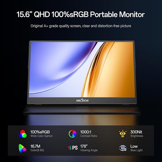 InnoView 2K Portable Monitor for Laptop 15.6" 2560×1440 QHD 100% sRGB Built-in Speaker USB C Standard HDMI External Second Screen for Mac Laptop Phone PS4/5 Xbox Switch