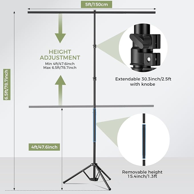 EMART Green Screen Backdrop Kit with Reverse Folding Base, 5x6.5ft Photo Greenscreen Background with Portable T-Shape Stand and 6 Clamps for Photography, Photoshoot, Studio Video Recording, Streaming