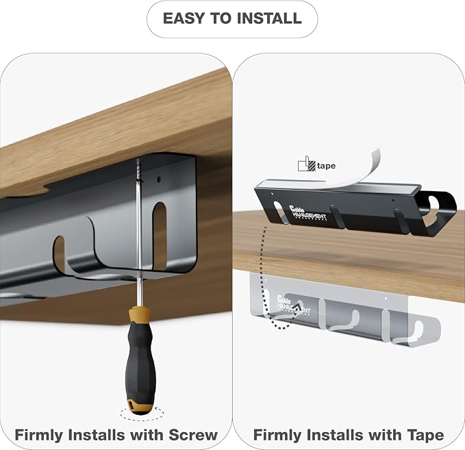 Under Desk Cable Management Tray, 2 Pack 16 Inch Black Metal Cord Organizer, No Drill Adhesive or Screw Mount for Glass/Marble/Office/Gaming Desk, Black