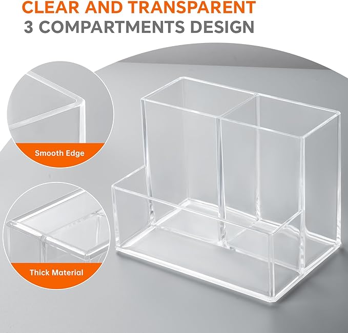Pen Holder for Desk, Clear Acrylic Pencil Holder for Desk, Marker Holder with 3 Compartments, Pencil Organizer for Home, Office, Classroom, Bathroom | for Desk