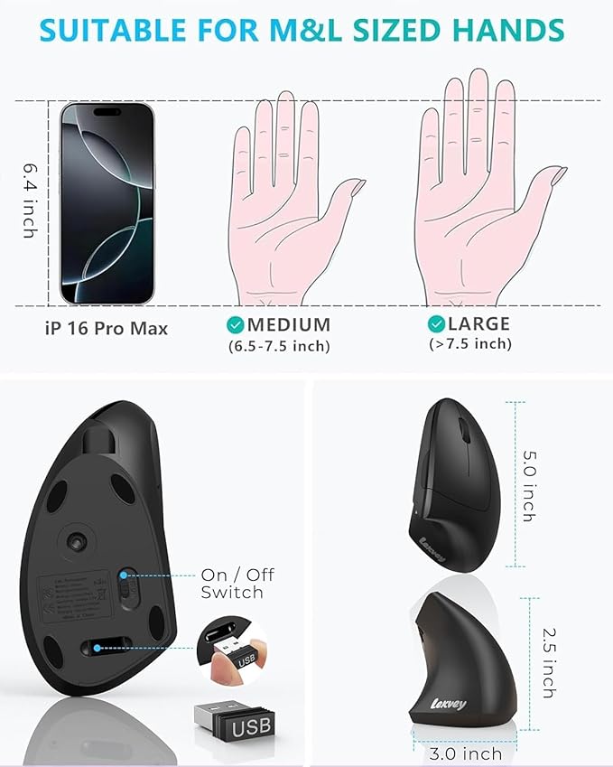 Lekvey Ergonomic Mouse, Vertical Wireless Mouse: Rechargeable Optical Carpal Tunnel Mice with 2.4G USB Receiver, 1000/1200/1600 DPI, 6 Buttons, for Laptop, Computer, Mac, PC, Desktop, Notebook, Black