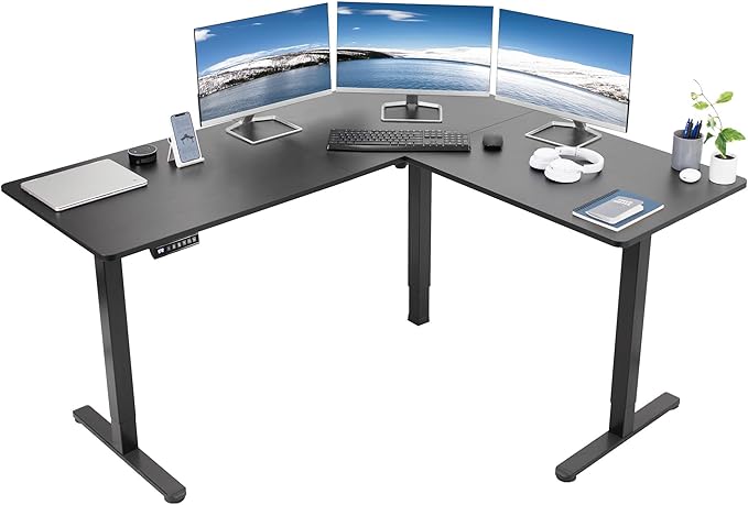 VIVO Corner Standing Desk, 63 x 55 inch Reversible L-Shaped Workstation, Electric Height Adjustment, Home, Office, and Reception Rooms, Black Table Top Black Frame, DESK-E3CTB