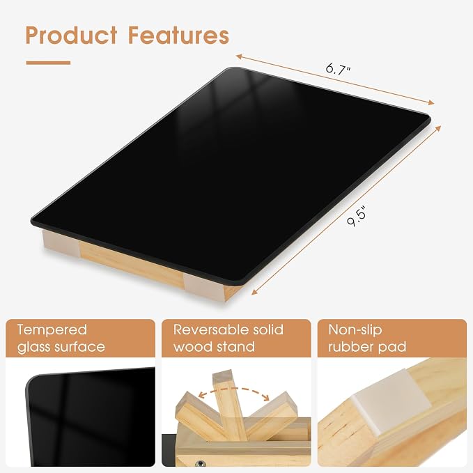 Desktop Black Glass Dry Erase Board, 9.5" x 6.7", Adjustable Wood Stand | Small Glass Whiteboard, Reusable Desk Notepad for Home Office