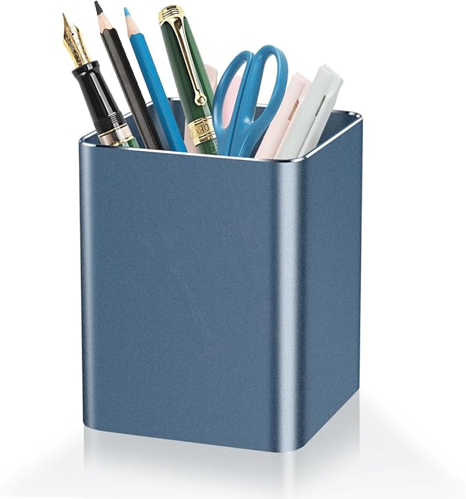 Pen holder,square pen cup, Metal pen pencil holder, desktop pencil cup stationery organization office desktop accessories, suitable for office, school, home and stationery supplies. (blue)