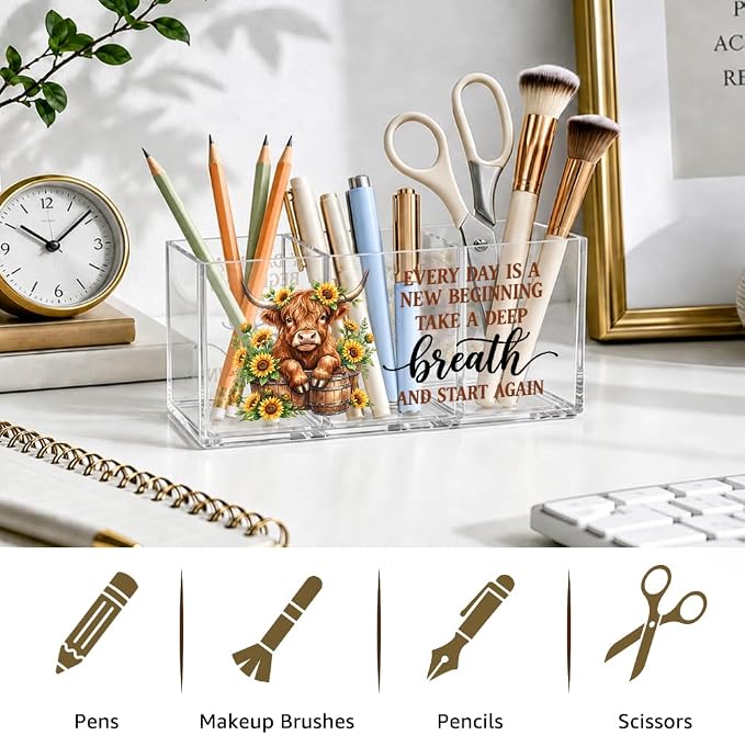 Every Day Is A New Beginning Acrylic Pen Holder Organizer with 3 Compartments, Highland Cow Desk Organizer Accessories, Inspirational Office Gifts for Coworker, Highland Cow Gifts for Staff