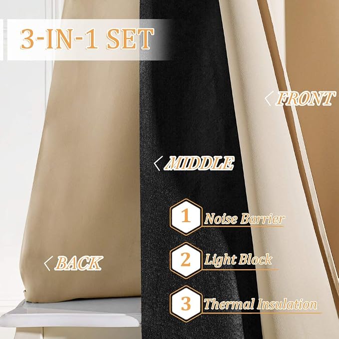 RYB HOME Noise Cancelling Curtains - 3 Layers Blackout Curtains Grommet Privacy Thermal Insulated Window Drapes for Living Room Wall Panels Studio Bedroom, 52 x 84 inches, Biscotti Beige, 2 Pcs