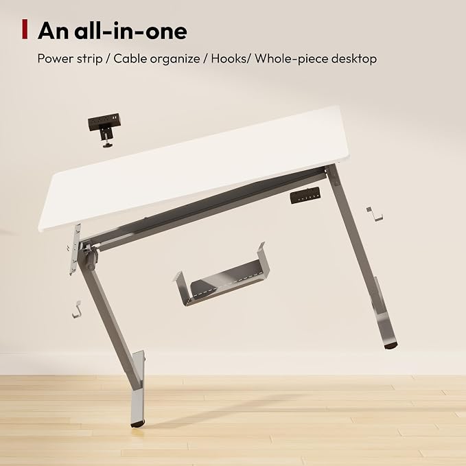 SANODESK Electric Standing Desk with Desk Clamp Power Strip 48"x 30" Whole-Piece Desktop Height Adjustable Stand Up Desk with Cable Management Sit Stand Home Office Desk Silver Frame/White Top