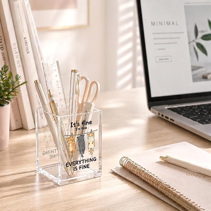It's Fine I'm Fine Everything Funny Cats Acrylic Pencil Holder Cup | Sarcastic Gifts for Coworker Boss Friend HR Cat Lover Nurse Student, Home Office Decor Accessories, Makeup Brush Organizer