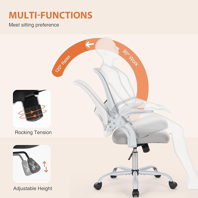 Sweetcrispy Home Office Managerial Executive Chair, Ergonomic Mesh Adjustable Swivel Mid-Back Chair with, Flip-up Arms, Comfortable Lumbar Support, Comfy Arms for Bedroom,Study,Student, Grey