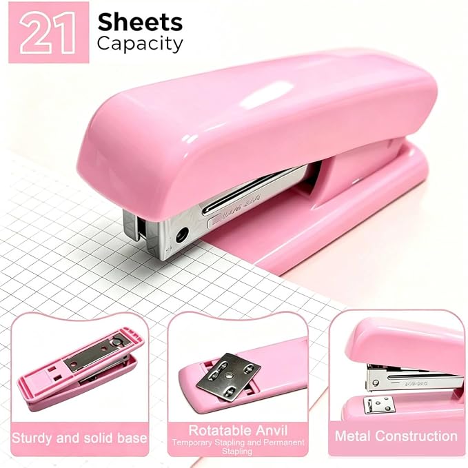 Office Supplies Set Rotating Pen Holder for Desk with Stapler Staple Remover Tape Dispenser,2pcs Tape Refills, Binder Paper Clips Kit, Scissor,Pen Ruler & Sticky Tabs,Pink Office School Supplies(Pink)