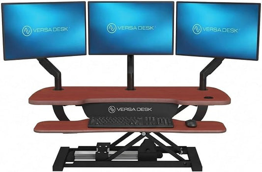 PowerPro 40 Inch Electric Standing Desk Converter – Push-Button Height Adjustable Sit to Stand Desk Riser for Triple Monitors & Laptop – Motorized Desktop Workstation with Wide Keyboard Tray