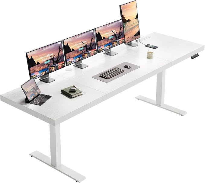 OffiGo 79 Inch Executive Electric Standing Desk Height Adjustable, White | 1.38" Thick 3-Panel Desktop, Power Outlets, 3 Memory Presets, Dual-Beam Frame for Home Office, Workstation, Conference Room