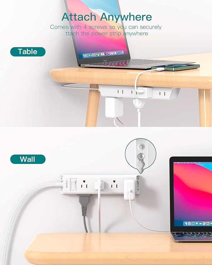 Flat Plug Power Strip, Ultra Thin Flat Extension Cord - Addtam 12 Outlet 3 Sides Multiple Outlets, 5Ft, 1050J Surge Protector, Wall Mount, Desk Charging Station for Home Office Dorm Room Essentials