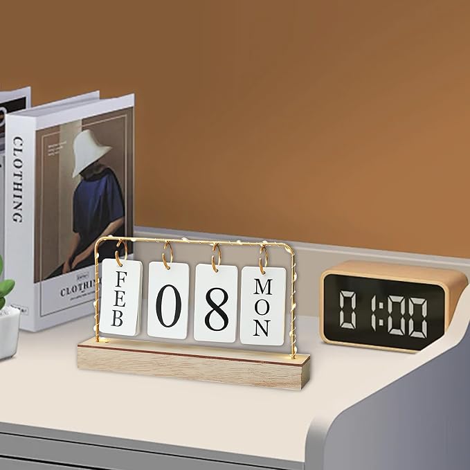 AUSTUFF Flip Wooden Perpetual Calendar Decor Gold Metal Stand with Light | Paper Monthly Daily Calendar For Daily Office Home Decor Reusable Office Accessory