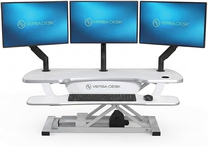 VERSADESK PowerPro 40 Inch Electric Standing Desk Converter – Push-Button Height Adjustable Sit to Stand Desk Riser for Triple Monitors & Laptop – Motorized Desktop Workstation with Wide Keyboard Tray