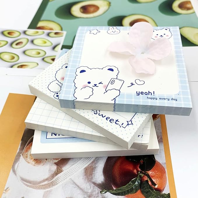 Cute Sticky Notes, 4Pack(320 Sheets) Kawaii Sticky Notes 3.1x3.1in Self-Stick Note Pads Colorful Super Note Pads Unique Cute Bear Patterns Sticky-Note