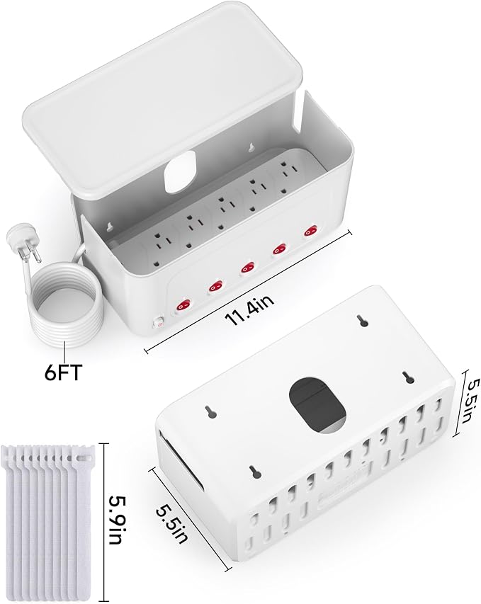 Power Strip with Cable Management Box, Large Cord Organizer Box,White | Power Strip Box with 10 Outlet and 3 USB Port,Individual Switches,6ft Flat Plug Extension Cord,Under-Desk Wire Storage Hider