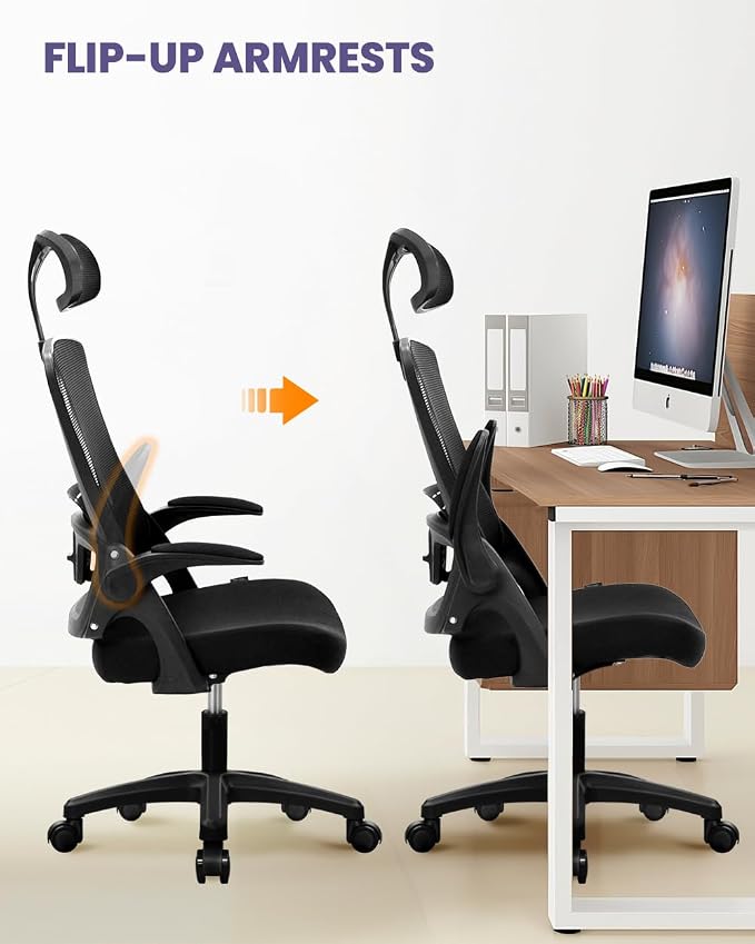 NEO Chair Office Desk Chair Gaming Computer High Back Support Mesh Comfy Seat with Adjustable Ergonomic Headrest Lumbar Rolling Flip-up Armrests and Wheels (Mesh Black)