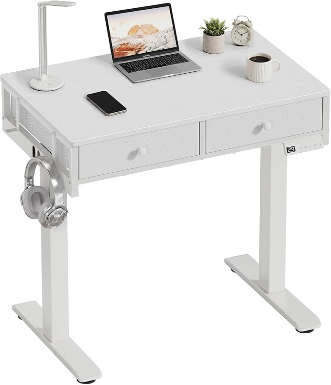 White Electric Standing Desk with Drawers, 32 Inch Small Adjustable Desk with Storage, Stand Up Computer Study Writing Desks for Small Space Home Office Bedroom, Sit Stand Work Desks for Walking Pad