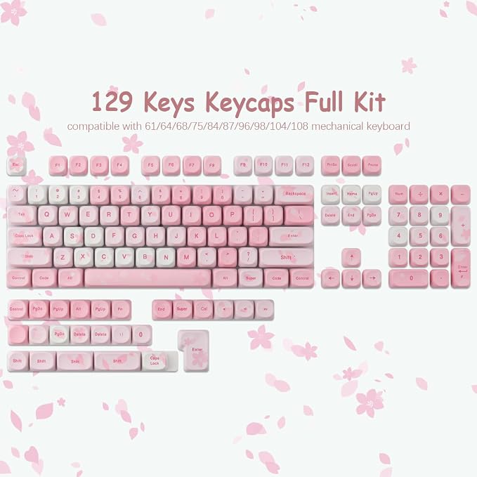 Tsungup MOA Keycaps-Pink Sakura,129 Keys Cute PBT Custom Cherry Blossom Keycaps 100 Percent,Dye Sub Key Caps Keyboard Keycap Set for MX Switches Mechanical Keyboard(only keycap)