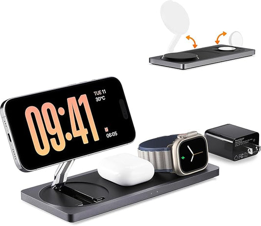 PETINO 3 in 1 Wireless Charging Station for Apple Devices with MagSafe | For iPhone 17/Air/16/15/14/13/12, AirPods & Apple Watch, Foldable Portable Aluminum Charging Stand, Adapter Included