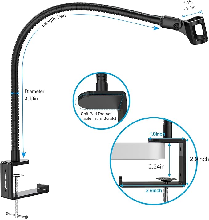 ZealSound Microphone Stand Gooseneck 19”, Flexible Clamp-On Desktop Mic Stand with 360° Adjustable Arm, 3/8" to 5/8" Adapter, Heavy-Duty Desk Mount, for Podcasting, Streaming, Podium & Public Speaking