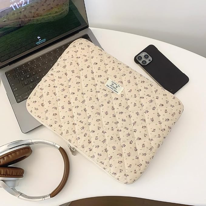 Cute Laptop Sleeve 13-15 inch Laptop Case Aesthetic Quilted Laptop Sleeve Computer Bag with Flower Printing for MacBook (Purple, 13inch)
